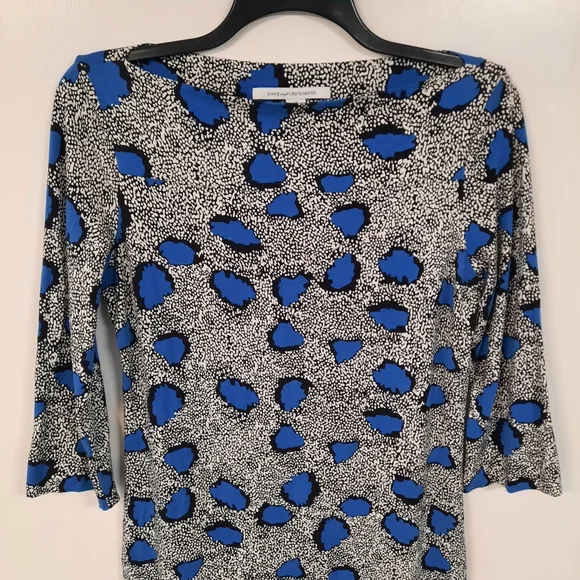 Diane Von Furstenberg Sz 12 Blue Leopard Jersey Knit Mini Dress 3/4 Sleeve - Picture 3 of 12